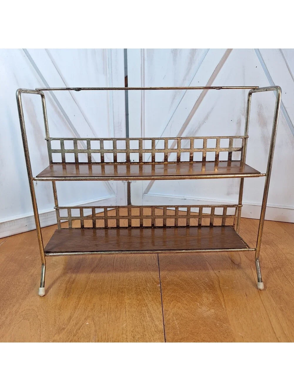 Mid Century 2 Tier Footed Spice Rack Organizer Goldtone Metal 9.5